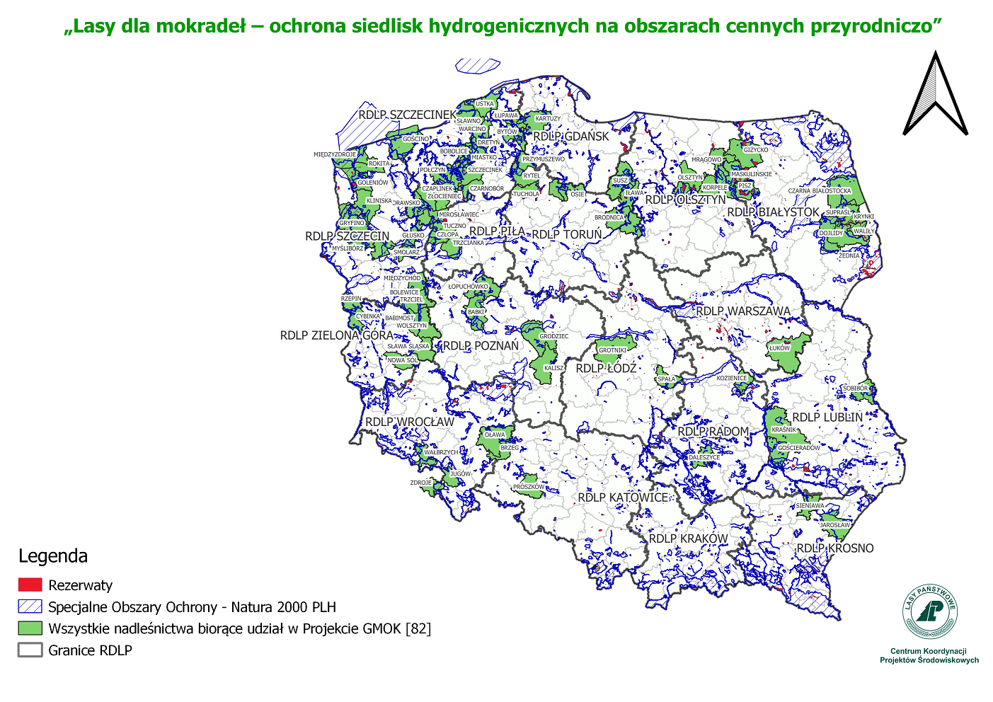 Mapa Polski z zanzaczonymi realizacjami LP w ramach projketu "Lasy dla mokradeł - ocgrona siedlisk hydrogenicznych na obszarach cennych przyrodniczo"